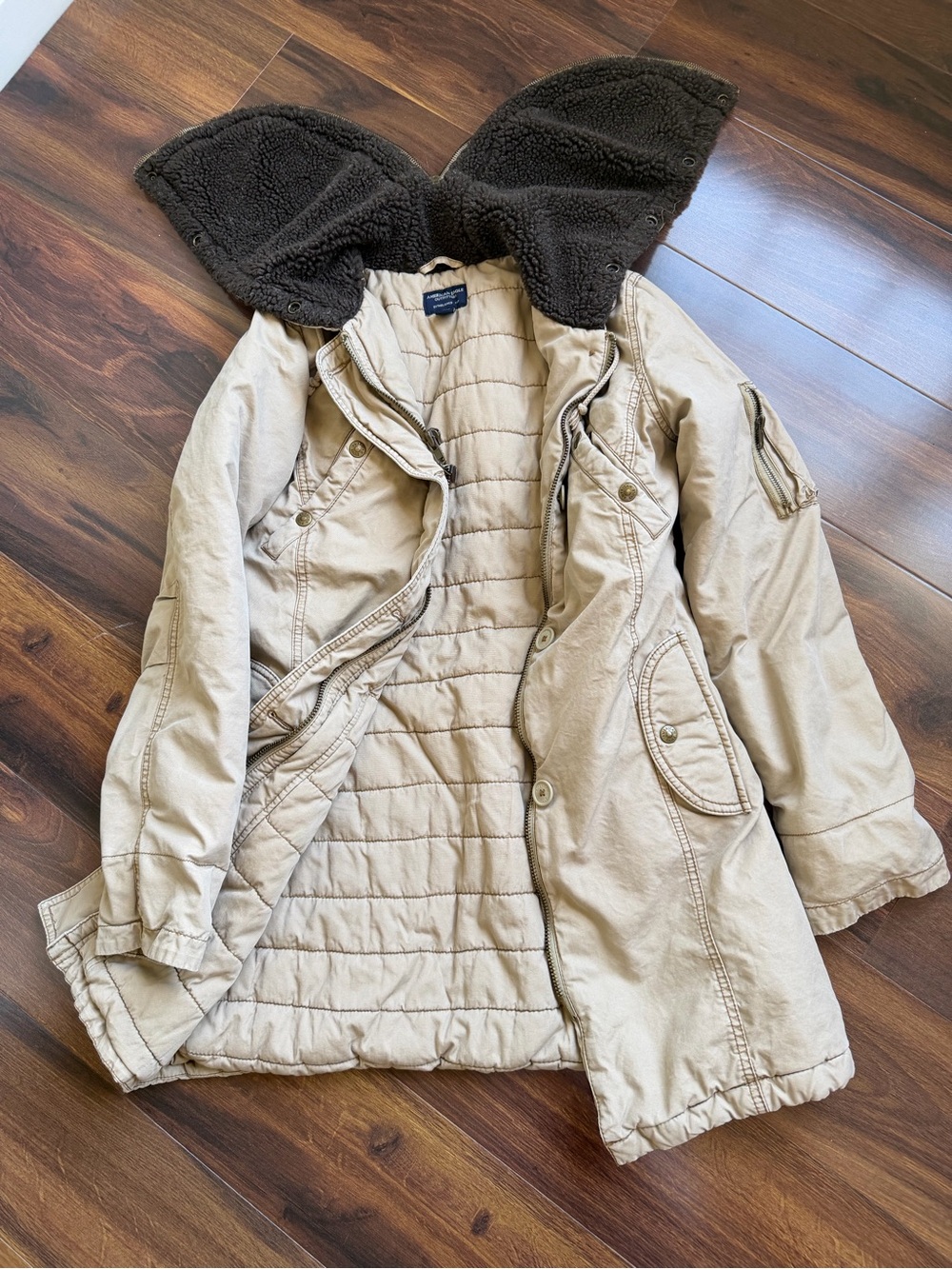 Vintage American Eagle Adirondak Coat Split Hood Women’s Medium Tan Sherpa Hood